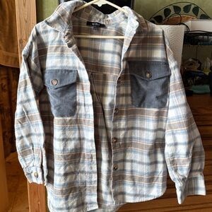 MINE blue white tan PLAID FLANNEL Shirt JACKET gray corduroy pockets button up S
